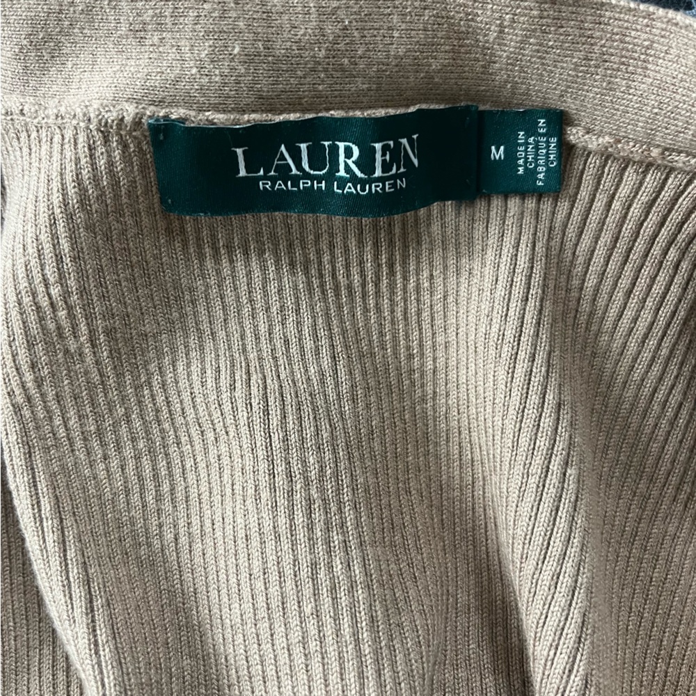 Lauren Ralph Lauren Open Front Cardigan Sweater Ribbed Knit Tan Brown Womens M - Picture 5 of 12